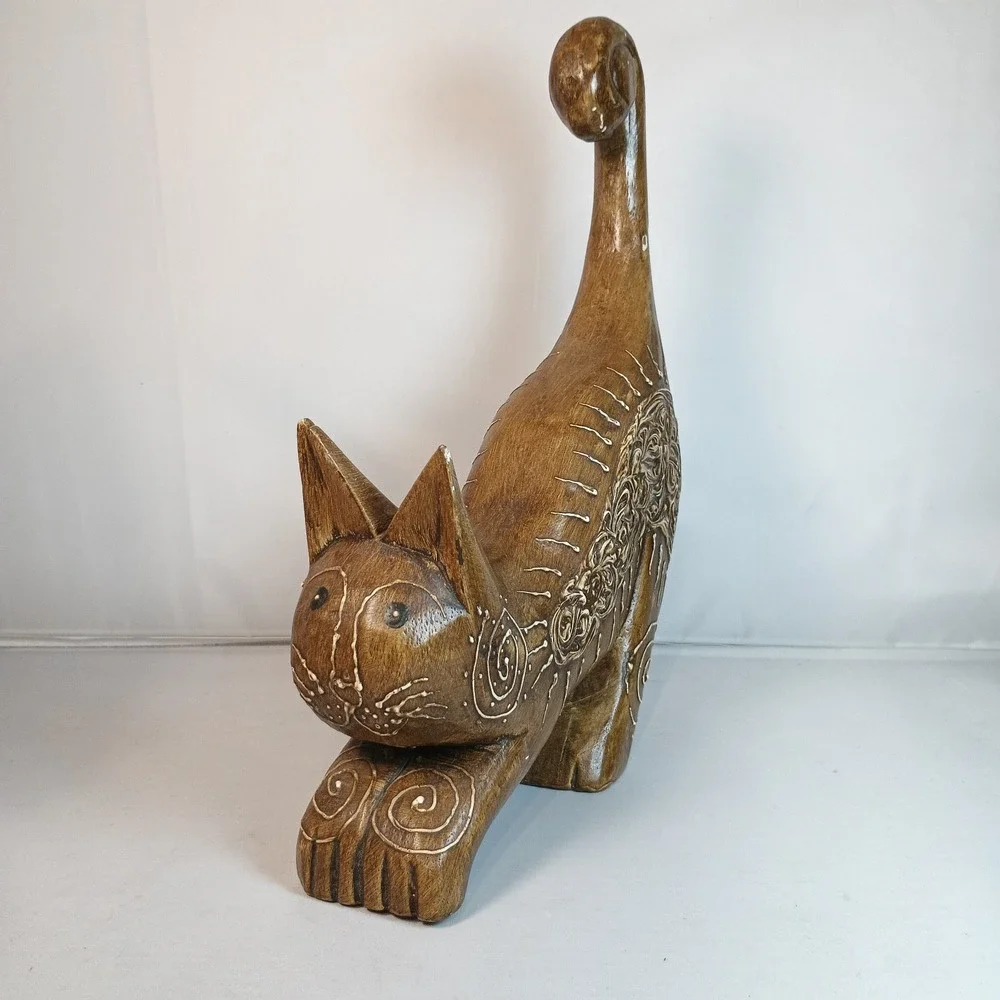 Vintage Hand Carved Wood Stretching Cat Feline From Indonesia 10.5